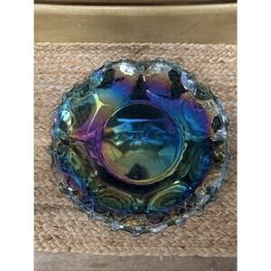 Vintage Indiana Glass Windsor Blue Carnival Glass Crimped Bowl